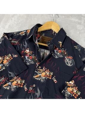 North Pole Choppers Santa Motorcycle Shirt Black Graphic Button Up Size S Y2K